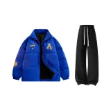 Цветной синий хлопковый пуховик + черные штаны с флисовой подкладкой