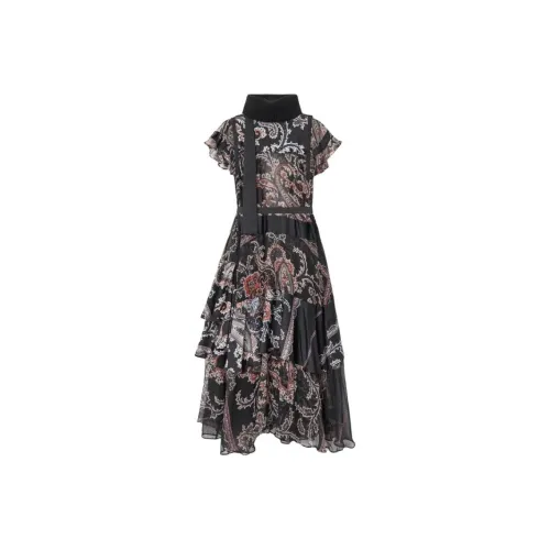 Sacai совместный бренд Belted Ткань в рубчик Смесовая шерсть с обрезкой Пейсли Принт Voile Короткий рукав Платье Женское