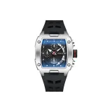 Серебряный корпус с черным циферблатом, черный ремешок.