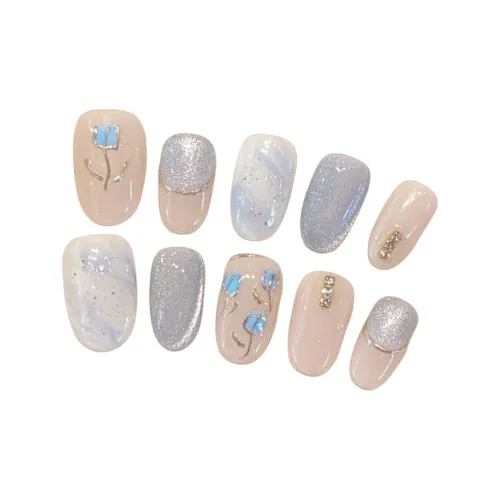 Rui Jin Осветляющий Премиум Туманно-Синий Гипс Ангел Розовый Handcrafted False Nail MID Длина Синий Градиентный Кошачий глаз 22 мм