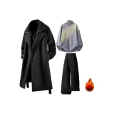 Чёрное пальто + серый свитер + чёрные штаны