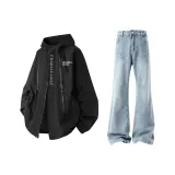 Комплект одежды (Чистая Черная Ветровка + Светло-Синие Штаны)