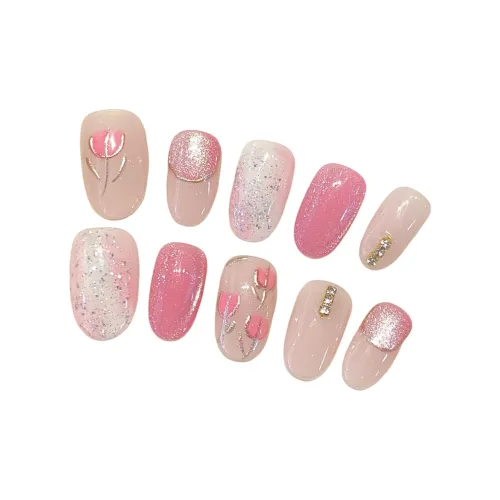 Rui Jin Осветляющий Премиум Сладкий стиль Ручная работа Тюльпан Handcrafted False Nail Короткий Круглый Розовый Градиентный Милый 20 мм