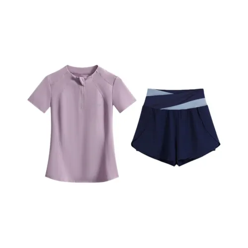 Фитнес Комплект Топ Летний Короткий Рукав Т-Рубашка Анти-Блеск Шорты Женские 2-Предметный Набор Бег Высокий Эластичный Повседневный Одежда