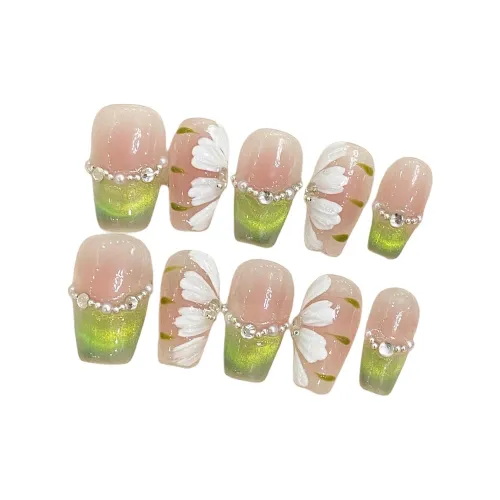 Rui Jin Зеленый Эльф Ледяной Цветочный дизайн False Nail Короткий Зеленый Румяна Stain Кошачий глаз 18mm