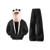 Черный, розовый, гора, хок, пуховая куртка + черные штаны