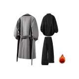 Серое пальто + черная рубашка + черные штаны