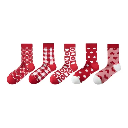 2323 [Рождество Новогодний Процветание 5 пар] Сердце + Точка + Слиток + Алмазный узор + Квадрат Женские MID Носки до икры