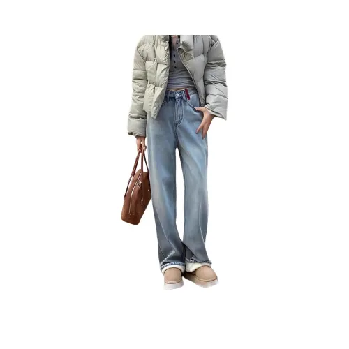 GUOZHEN Винтажные синие штаны с флисовой подкладкой женские джинсы