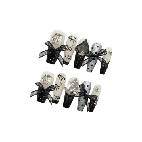 Rui Jin Black Series Французский Горячая девушка Бант Crooked Сердце False Nail MID Длина (размер в длину) Черный белый Градиентный Милый