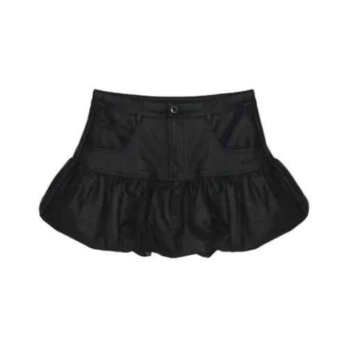 Nick Nicole Fw25 BALLOON LEATHER MINI SKIRT_Черная кожа Короткие юбки Женские