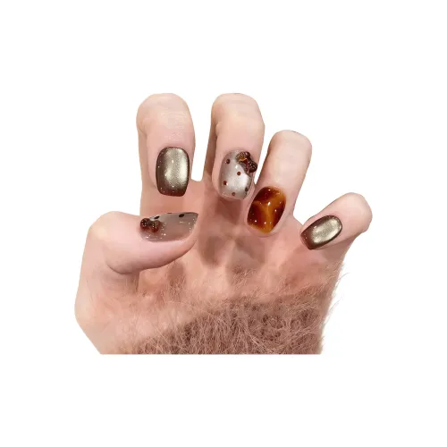 T Z Осенний Зимний Amber Светлый Bowknot Кошачий глаз False Nail Короткий Brown Shades Gradient Cute