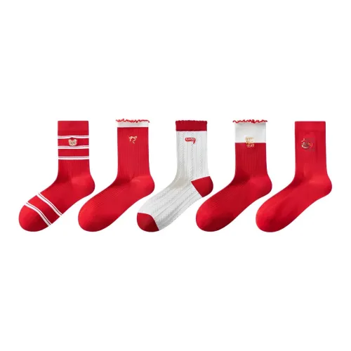 2323 [Процветание 5 пар] Карп кои + Кружевная отделка Буква + Счастливый Медвежонок + Бант Женские MID Носки до икры