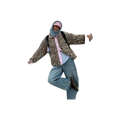 MeiHaoStore Леопардовый принт розовый унисекс куртки