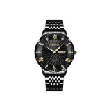 Черный корпус с черным циферблатом, золотой браслет с заклепками, стальной браслет.