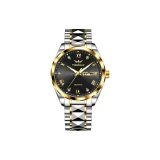 Двухцветный золотой корпус, черный циферблат, золотой стальной браслет