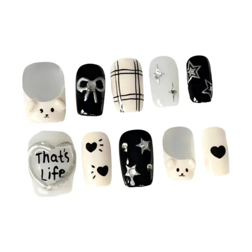 JIXUAN Ручной работы HAND DRAWN Мультяшный False Nail Короткий Черный Однотонный Милый