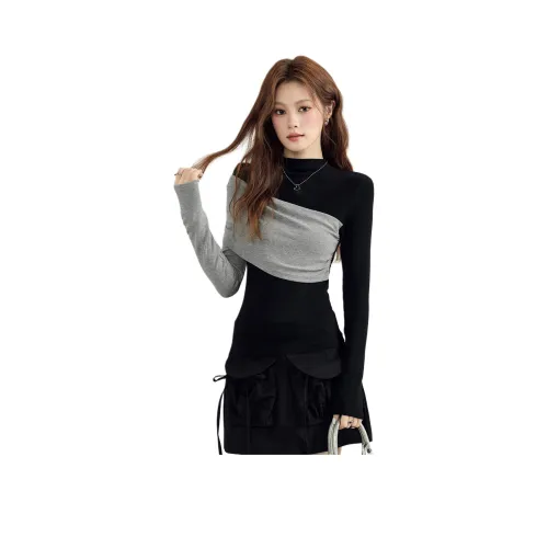 MENGXIAOQI Серый и черный Женские T-рубашки