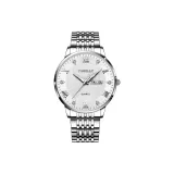 Серебряный корпус, белый циферблат, стальной ремешок.