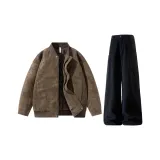 Темно-коричневое утеплённое пальто + чёрные штаны