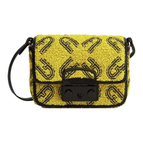 Furla Metropolis Collection Рафия Свиной нос Сумка Сумка через плечо Мини Женские Лимон Черный