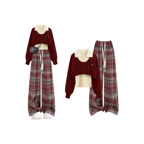 GUOZHEN Красный свитер + майка + красные клетчатые штаны женские повседневные костюмы
