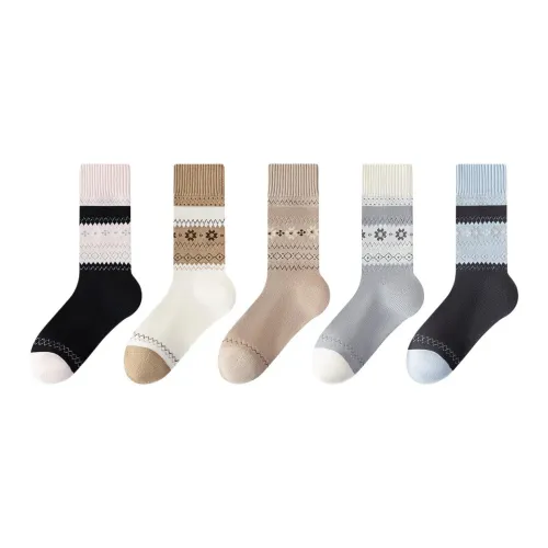 2323 [Terry Fair Island | Термическая удержание замковый Temperature | 5 пар] Молочно-белый + Молочно-чайный + Светло-серый + Темно-серый + Черный Женские MID Носки до икры