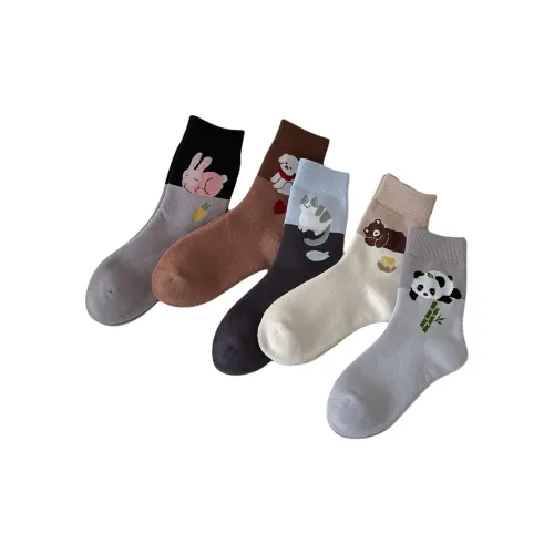 2323 [Soft And Adorable Cartoon Terry | Утолщенный Temperature Locking | 5 пар] Снег Бежевый Абрикос + Светло-Серый + Средне-Серый + Карамель + Черный Женские MID Носки до икры
