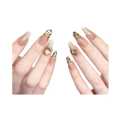 Французский Леопардовый принт Невинно-соблазнительный Кошачий глаз Wear False Nail MID Длина (размер в длину) Миндаль Шампанское Градиентный Однотонный