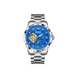 Серебряный корпус, синий циферблат, стальной ремешок