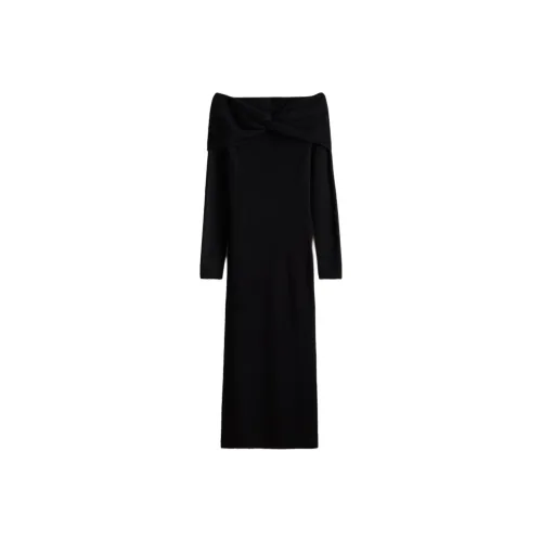 H M Черные Женские Длинные Платья с Длинными Рукавами