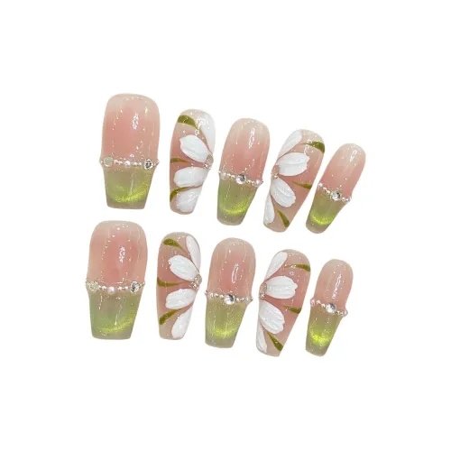 Rui Jin Зеленый Эльф Ледяной Цветочный дизайн False Nail MID Длина Зеленый Jump Цвет Кошачий глаз 24мм
