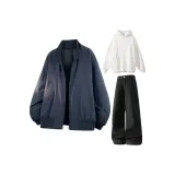 Темно-синий синий утеплённый + белый флисовый свитшот + черные флисовые штаны