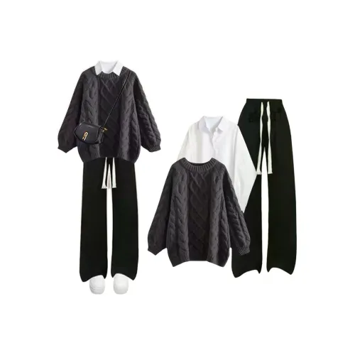 GUOZHEN Серый Свитер + Белая Рубашка + Широкие Брюки Женские Повседневные Костюмы