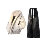 Серый хлопковый пуховик + черные штаны с флисовой подкладкой