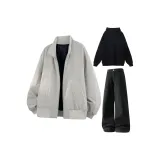 Светло-серый утепленный + черный флисовый свитшот + черные флисовые штаны