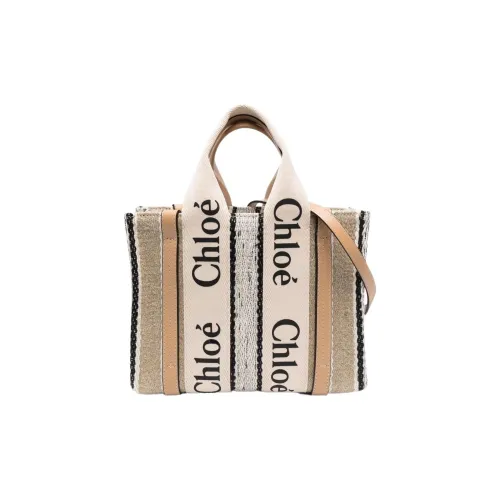 Chloe Woody Воловья кожа Пэчворк Холст Сумка Маленькая Женская Бежевая