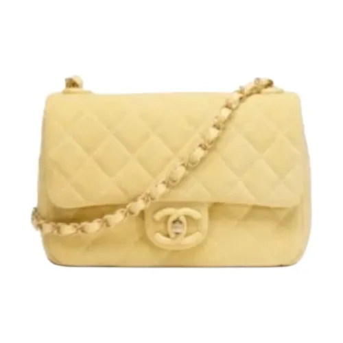 CHANEL Телячья кожа Мини Квадратная Сумка с клапаном Сумка через плечо Мини Женская Желтая