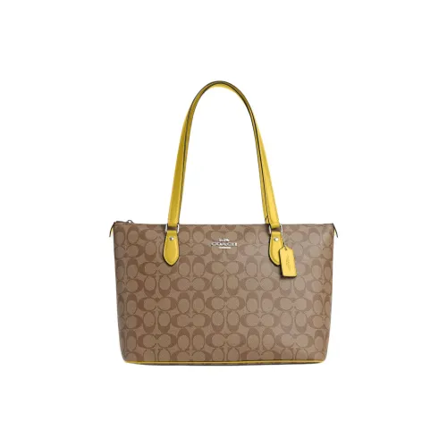 COACH Gallery Холст с гладкой кожей Сумка на плечо Большая Женская Серебряный и Хаки и Винтажный Желтый