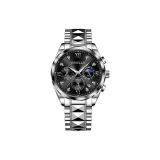 Серебряный корпус с черным циферблатом, серебряный стальной браслет.