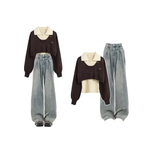 GUOZHEN Хаки Свитер + Внутренний слой + HIGH RISE Джинсы Женские Повседневные Костюмы