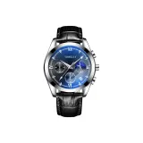 Серебряный корпус, черный циферблат, черный кожаный ремешок