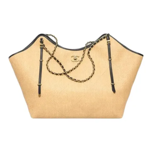 Chanel Рафия Волокно Эффект Холст Телячья Кожа Сумка через плечо Экстра Большая Женская Глубокий Бежевый и Черный