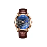 Розовый корпус, черный циферблат, коричневый кожаный ремешок.