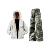 Серый хлопковый пуховик + яшмовые джинсы