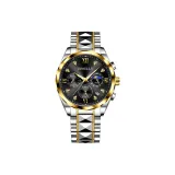 Двухцветный золотой корпус, черный циферблат, золотой стальной браслет