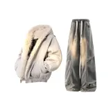 Топ Серый Хлопковый Пуховик + Штаны Желтого Грязь с Подкладкой