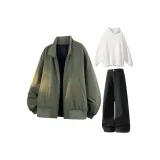 Армейский зеленый утепленный + белый с флисовой подкладкой свитшот + черные с флисовой подкладкой штаны