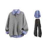 Темно-серые + черные штаны + сапфирово-синяя рубашка