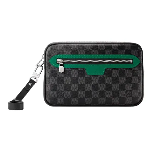 LOUIS VUITTON Pochette Kasai Damier Графитовый Холст Клатч Мужской Borneo Зеленый Гранит Чернила